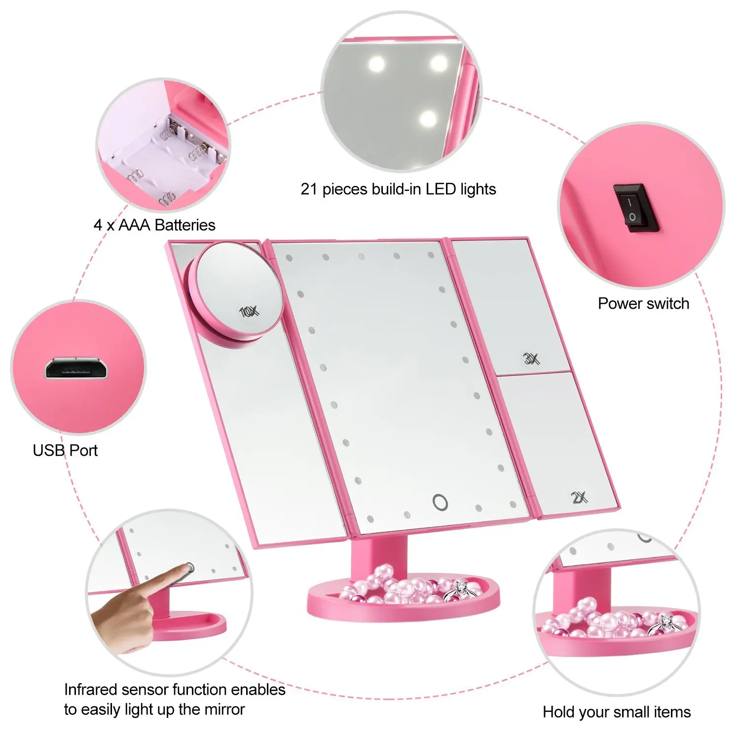 dimmable touch sensor tabletop trifold cosmetic mirror 3 folding led vanity mirror for makeup
