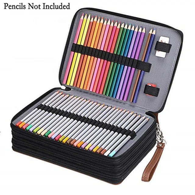 Large Capacity 200 Slots PU Leather Pencil Case Bag with Zipper Removal Handle Strap Color Pencil Box Holder