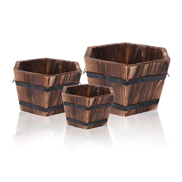 Factory outlet 3 pieces  trendy wooden planters bucket hexagonal pots boxes with handle