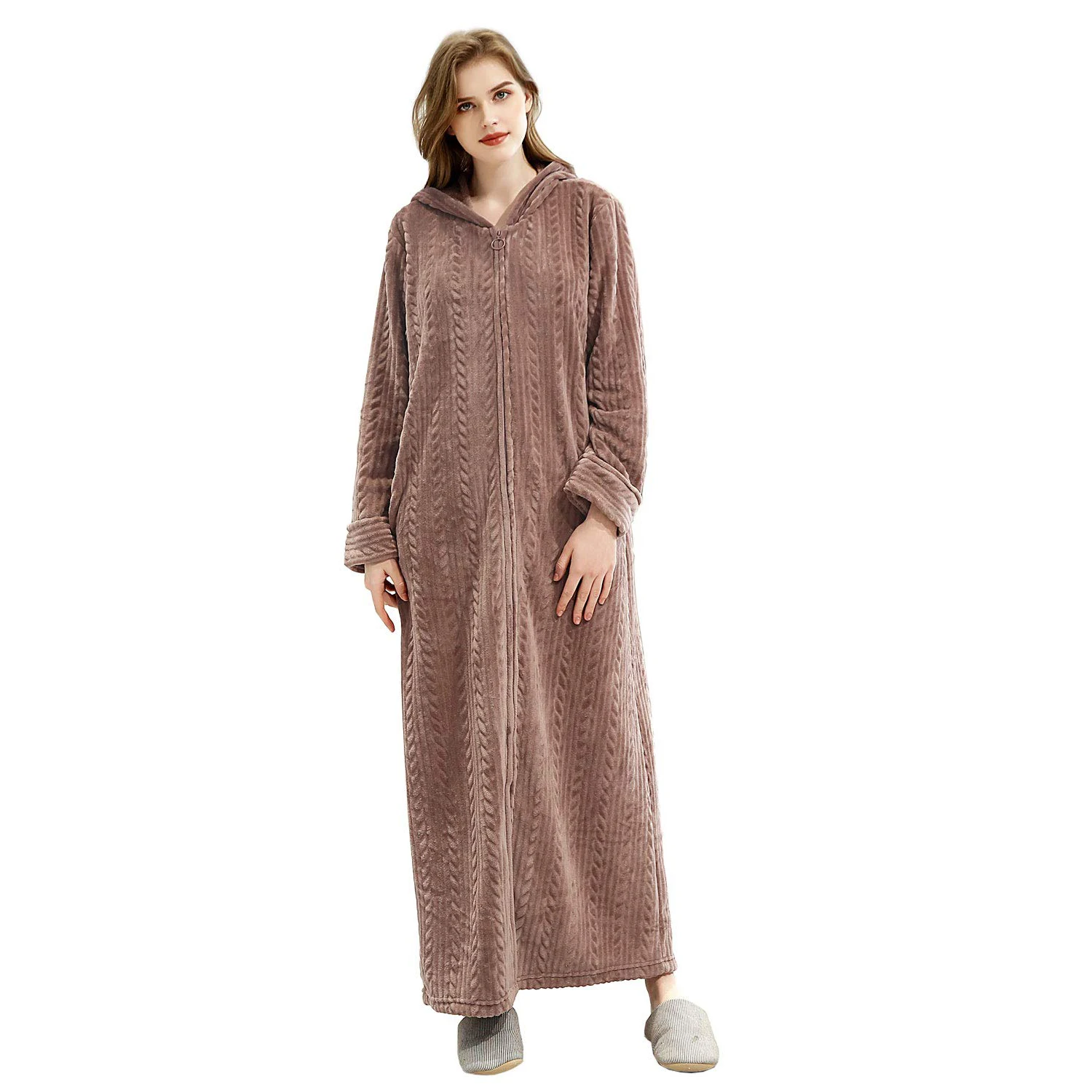 Long Hooded Zipper Bathrobe for Womens Flannel Fleece Robes Winter Warm Housecoat Nightgown Sleepwear Pajamas