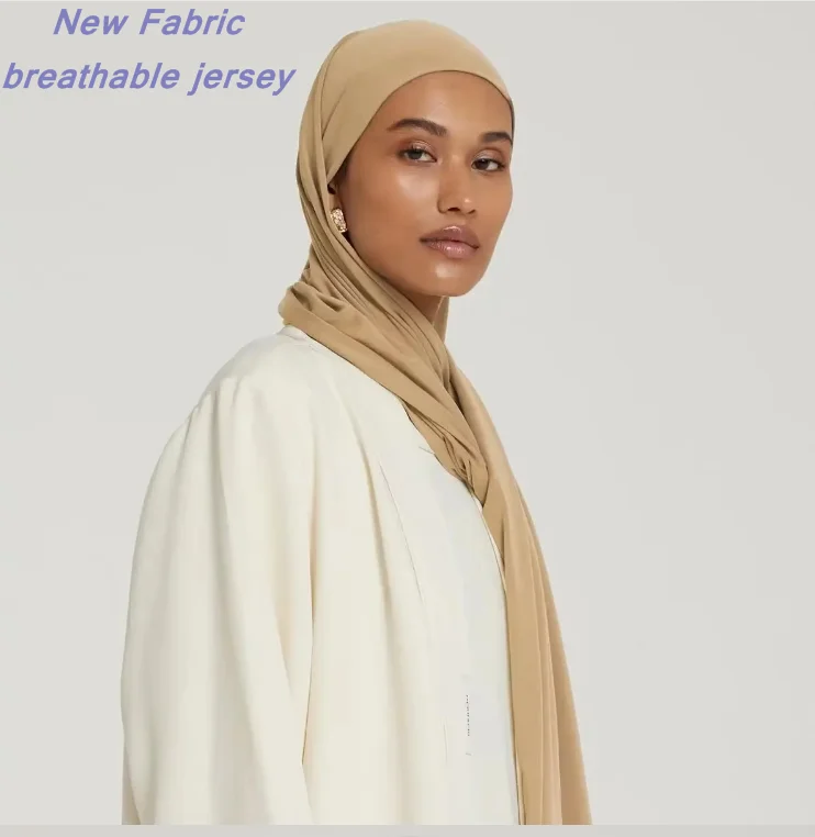 Breathable Jersey New Fabric Softer Hijab Plain Scarf  Stretchy Custom Embroidery Woven Logo Muslim Hijab Scarf