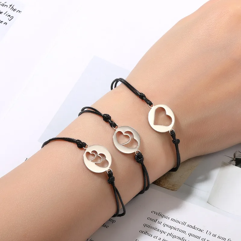 4Pcs/Set Four Hearts Star Moon Sun Woven Wax Rope Stainless Steel Mother Daughter Bracelets Wish Card Friendship Best Friends