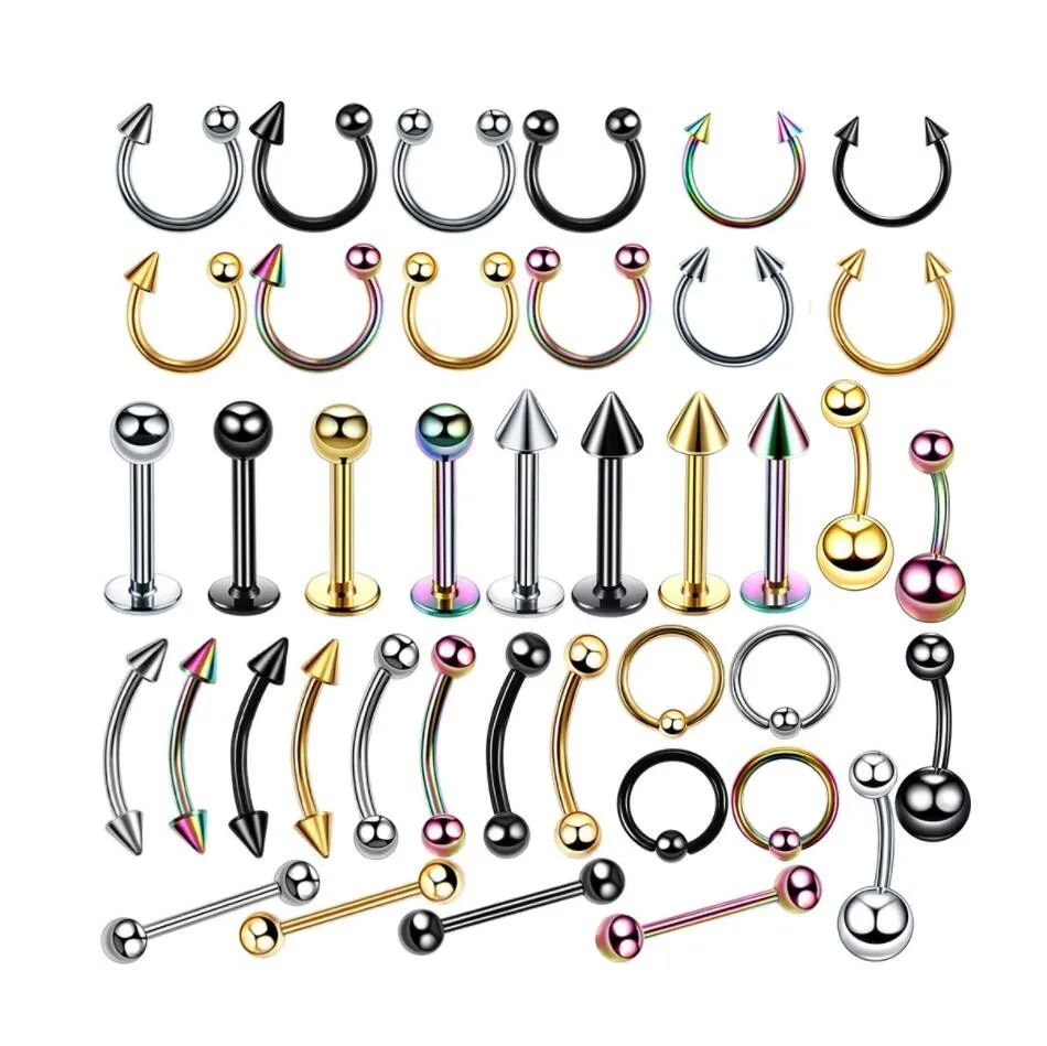 OEM 40Pcs/set Stainless Steel Ear Piercings Helix Eyebrow Lip Labret Rings Earring Tragus Barbell Piercings Body Jewelry