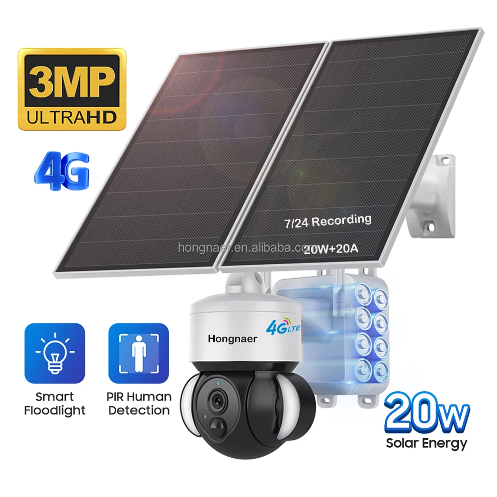 Hongnaer 3MP AOV 7/24 запись Беспроводная 4G солнечная панель Питание PTZ-камера 360 Ubox уличная Sim-карта CCTV Солнечная камера безопасности