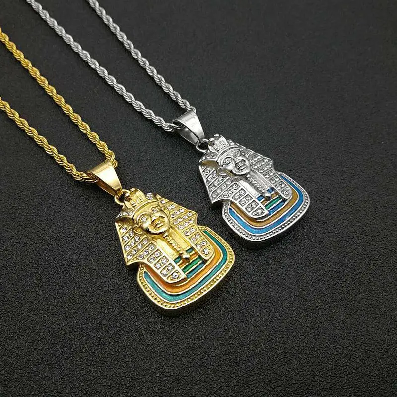 New Design Customized Cz Stainless Steel Hip Hop Jewelry Enamel Egyptian Pharaohs Pendant Necklace