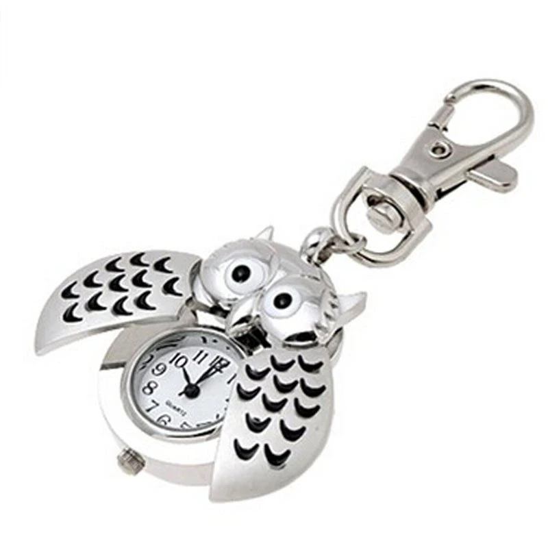 Custom logo Pocket Watch Mini Metal Keyring Owl Double Open Quartz Watch Clock- Silver Nurse Watches Owl Clock