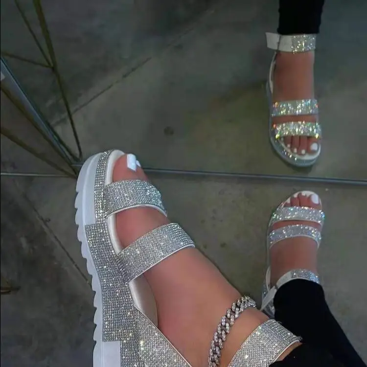  hot sale Summer rhinestone slides thick bottom sandals for women and ladies high heel slippers shoes with