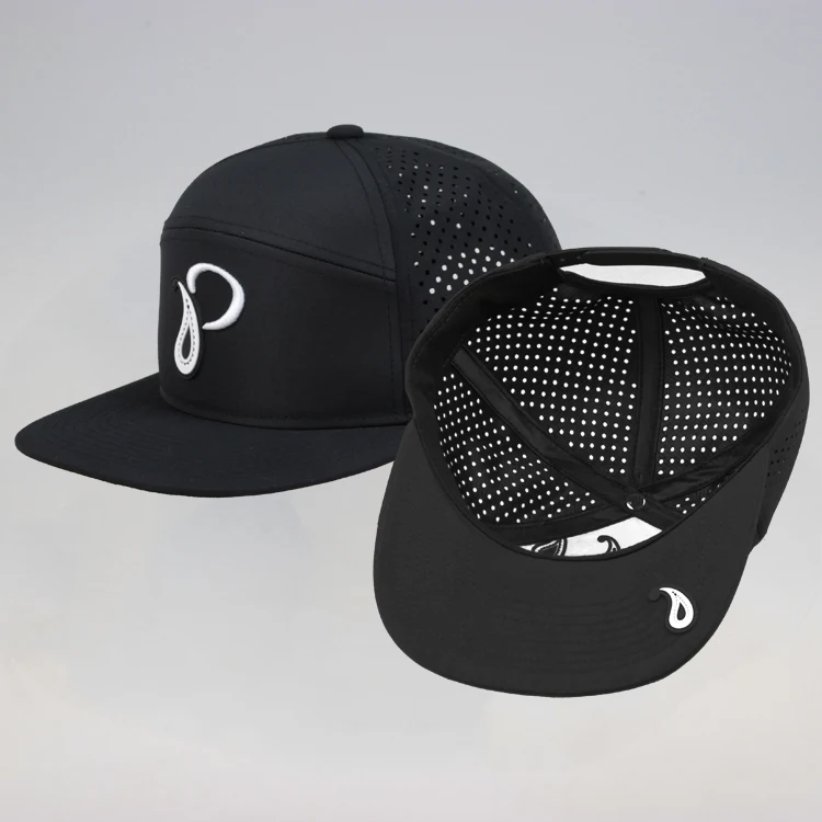 Custom High Quality 7 Panel Laser Cutting Hole Perforated Hat,Red PVC Rubber Patch Logo Snapback Caps