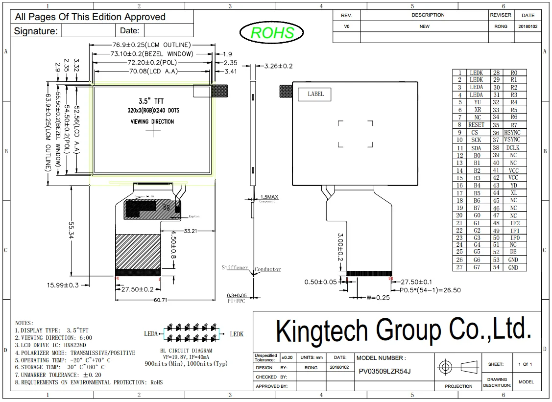 HD MI to MIPI 4K Boards 3.5 inch 320*480 330 nit 50 pin MCU SPI RGB Interface All Transmissive ILI9488 tft lcd display module