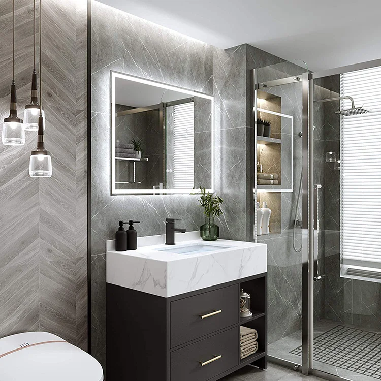 Безрамное прямоугольное светодиодное умное зеркало для ванной комнаты с индикатором времени и температуры