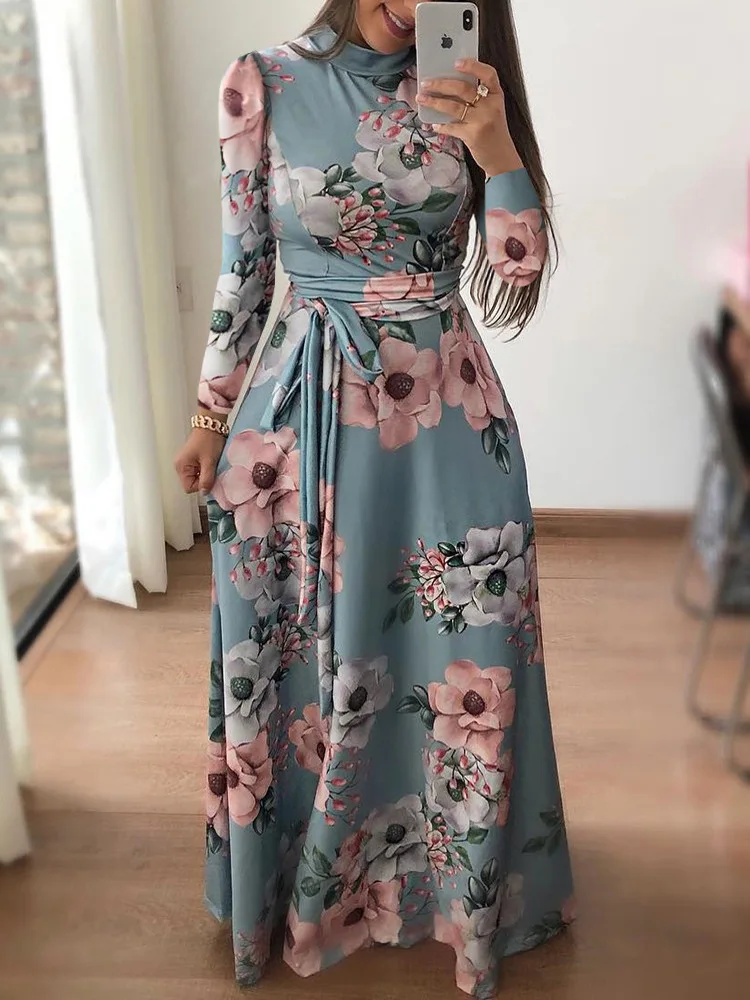 Summer Ladies Casual Long Dress Bohemian Print Turtleneck Sweater