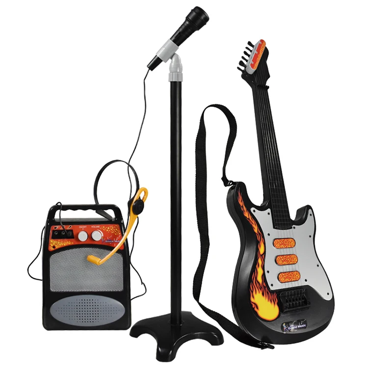 Kids musical instrument electric toy guitar set with microphone simulation plastic-toy-guitar