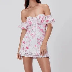 Lady Lantern Sleeve Cute Pink Flower Print Blouse With Mini Embroidery Skirt