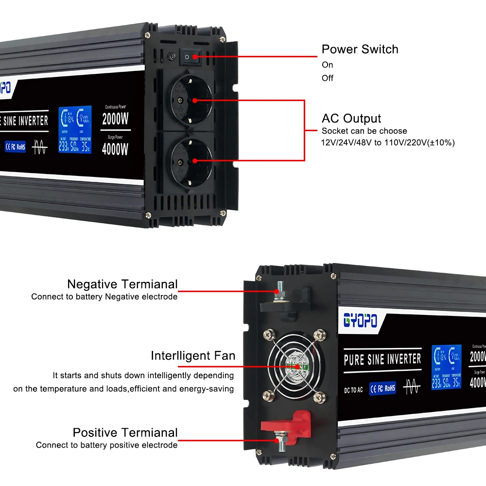 Gyopo car use inverter 12V 24V 48V dc to 220V 230V 240V ac 2000w power inverter with LCD screen monitor