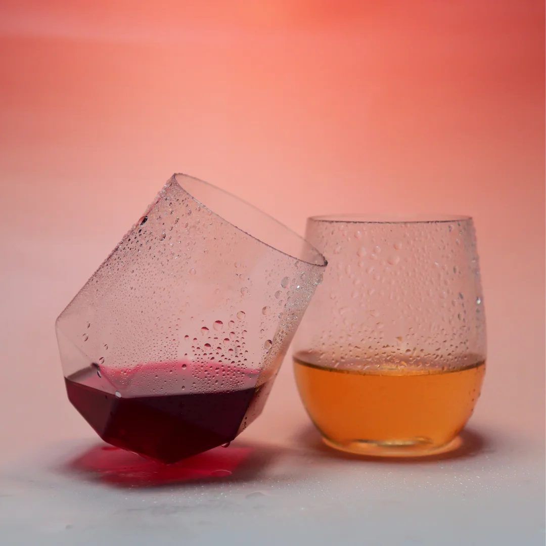 Premium Plastic Wine Glasses - Durable, 100% Recyclable, Stemless for Weddings