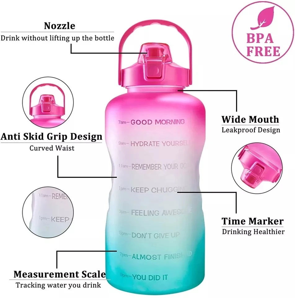 Tritan BPA Free Water Jug 64oz Motivational Plastic Gallon Water Bottle With Time Marker Straw for Fitness Gym Sports