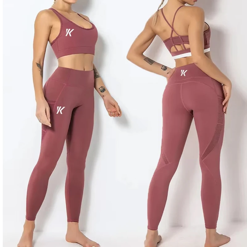 Custom women sports strap push up high impact gym fitness bra workout  booty mesh pockets yoga pants two piece set