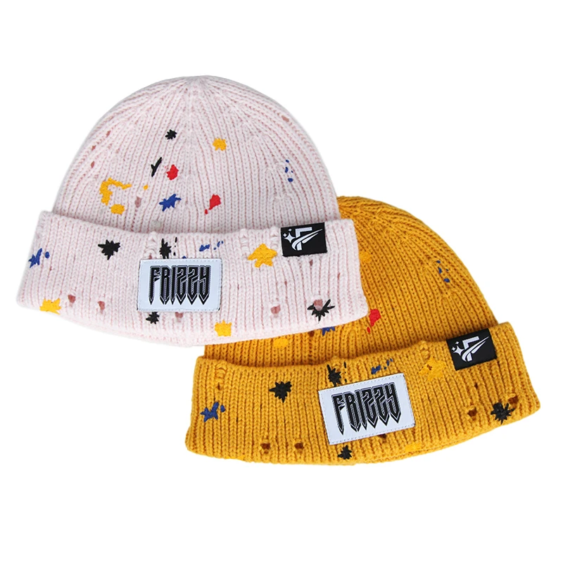 Distressed Style  Paint Splash Print Winter Beanie Hat with Label Patch