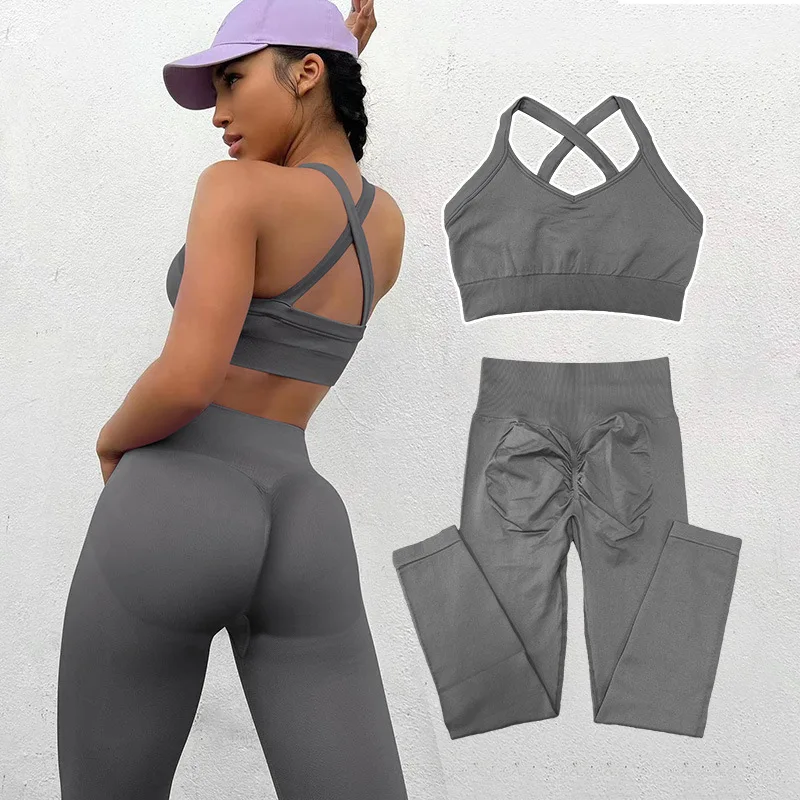 Women Seamless Yoga Set Wholesale Custom Gym Sport Wear Bra Peach Butt Lifting Workout Leggings Active Wear Fitness 2 Pieces Set
