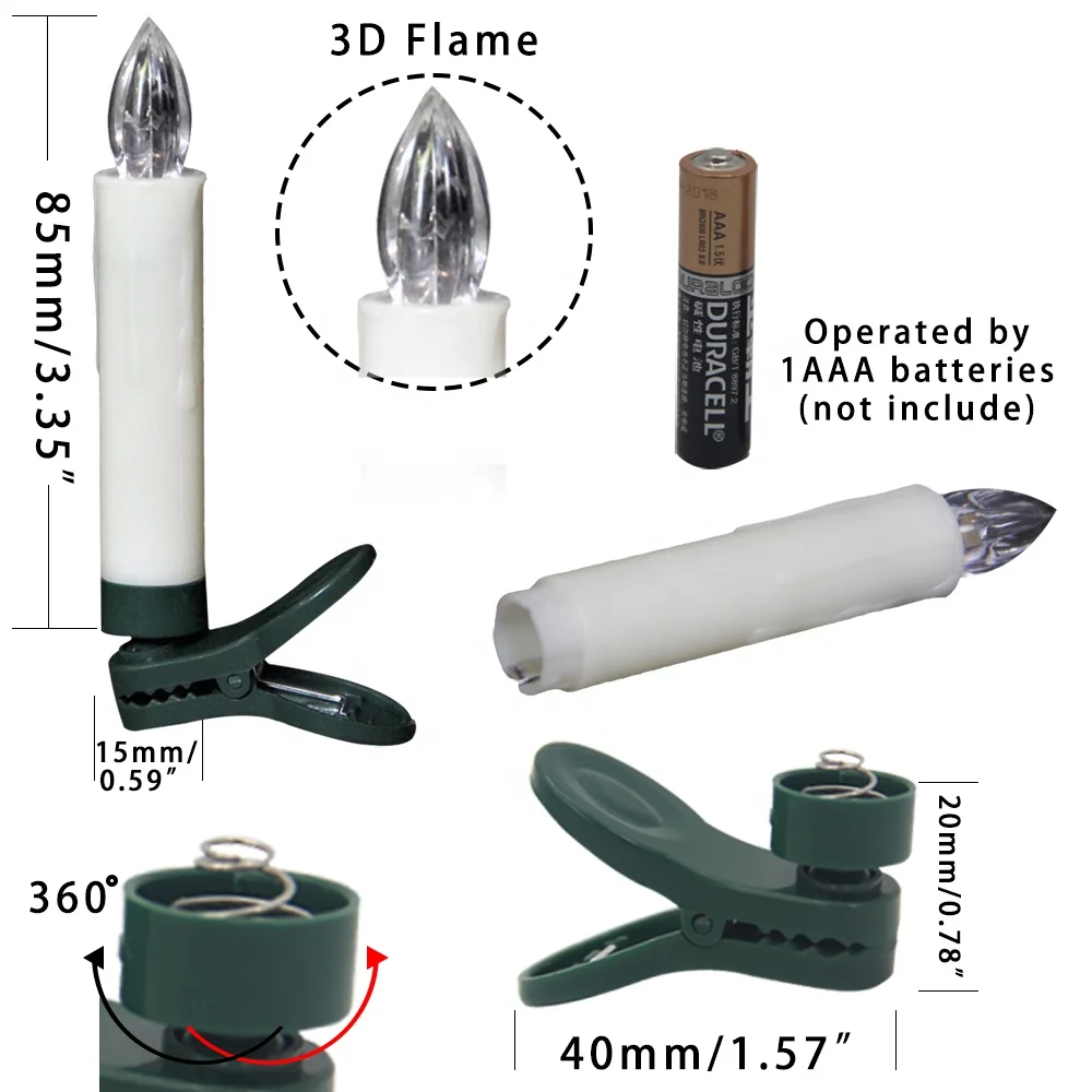 Set of 10 Remote Control Plastic witchcraft Christmas Tree Decorative White LED Taper Light Candles 10 Pieces with Clip