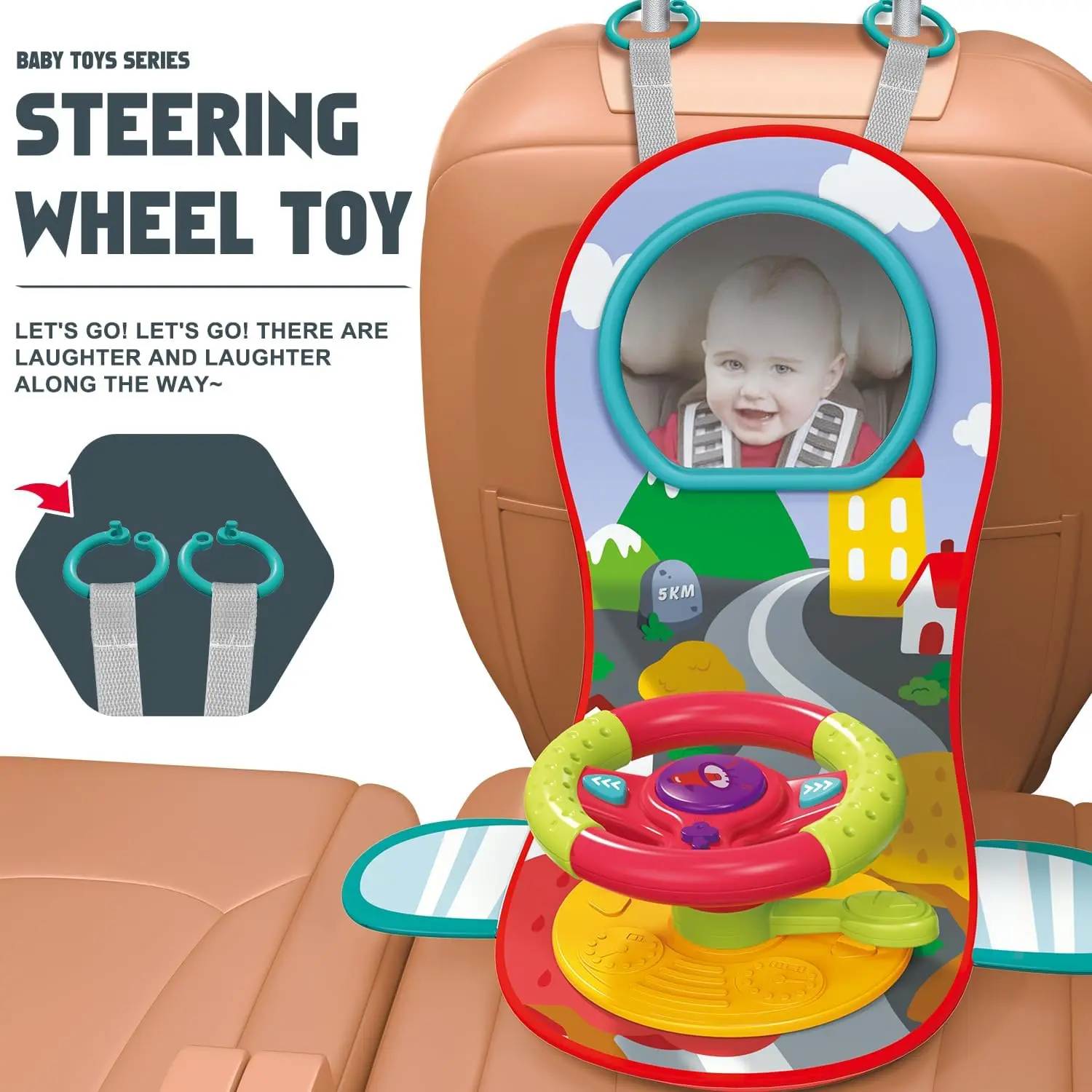 Travel Fun 3 in 1 Baby Stroller Toy Interactive Steering Wheel Toy Pretend Play Driving Rear Car Seat Toys with Mirror