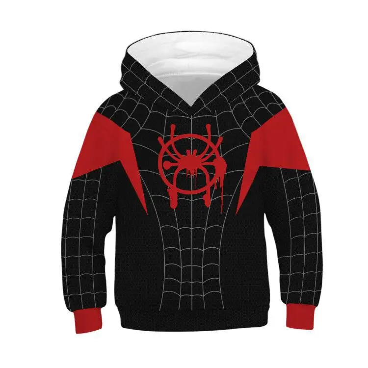 
wholesale high quality designer kids fashionable loose 3d spider printed graphic fleece hoodies pullover sweatshirts set 