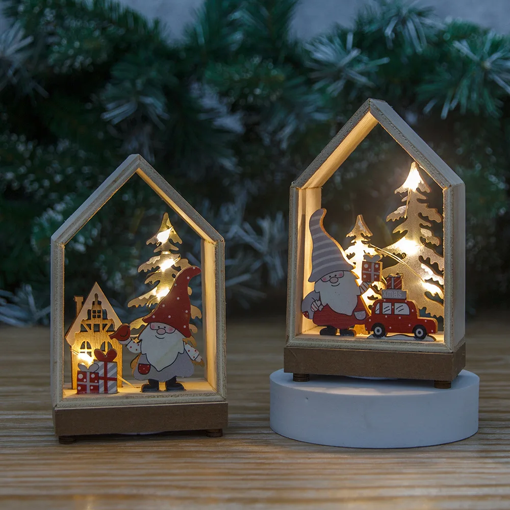 Kanggang Christmas Decoration New Style With Lights Luminous Wooden House Shape Christmas Ornaments Desktop Ornaments Decoration