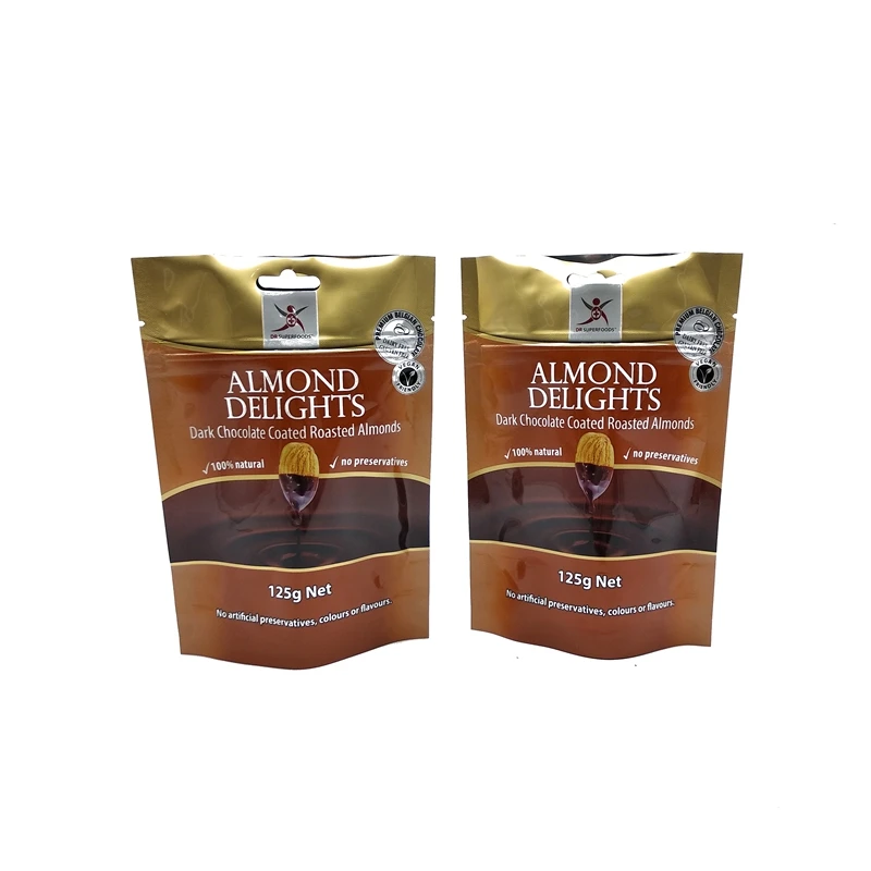 Custom Plastic Food Storage Bag Dark Chocolate Coated Roasted Almonds Zipper Bags 100% Natural 125g Net