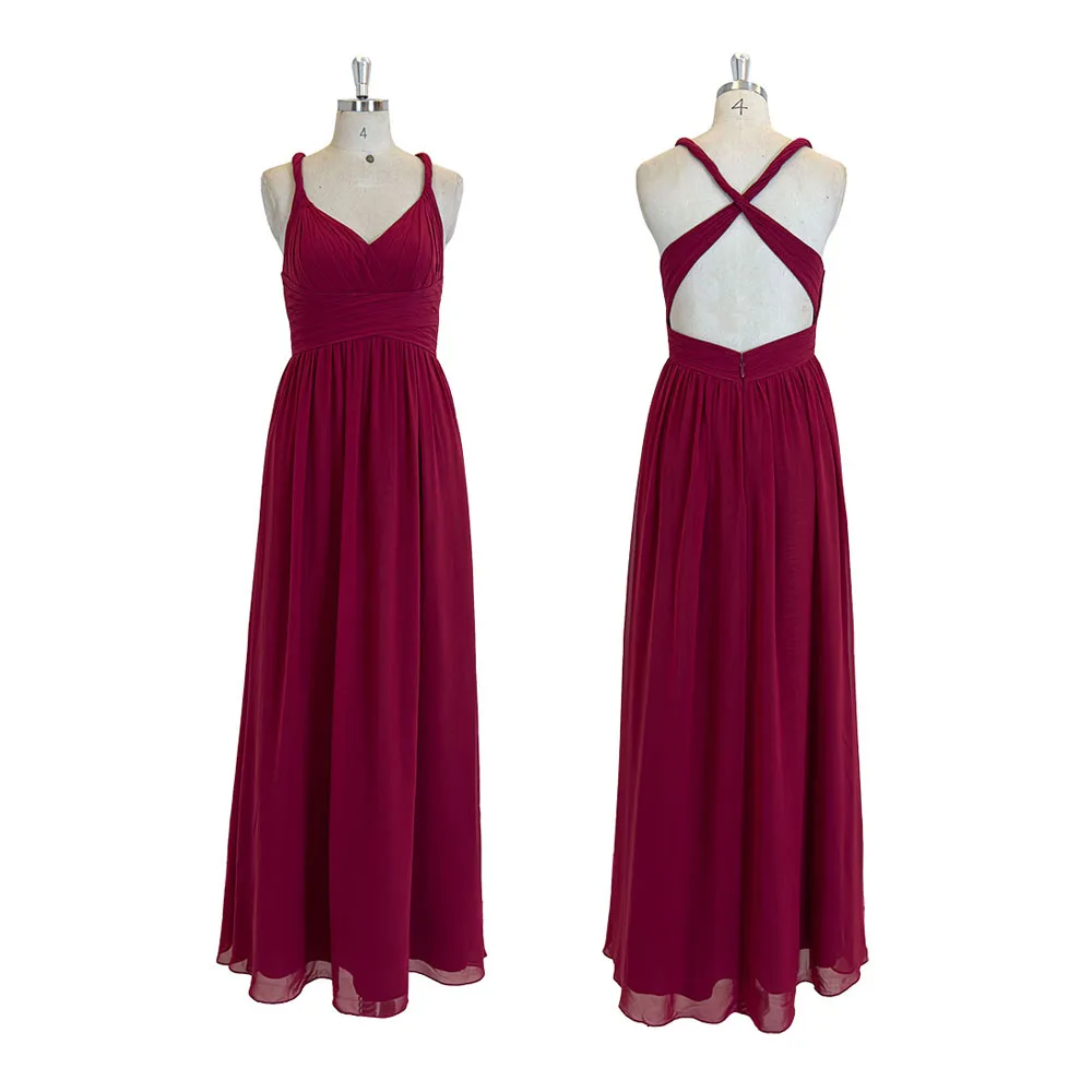 TEENYEE 2024 Red Criss-Cross Deep V-Neck Evening Party Dress for Women Chiffon Bridesmaid Dress Empire Waist Sleeveless Design