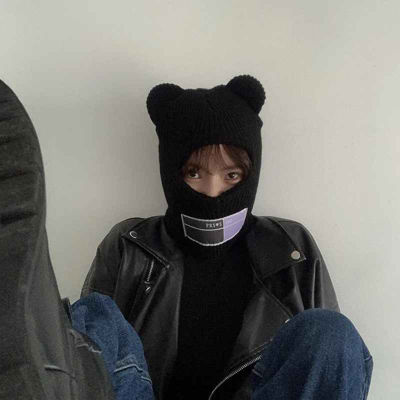 Ins Funny Mask Hat Autumn And Winter Pullover Cold Hat Bear Ear Knitted Wool Bear Hat