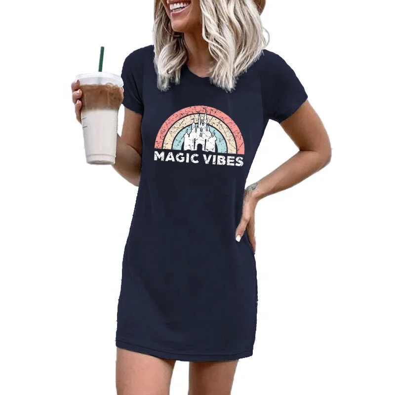 2021 Stylish Letter MAGIC VIBES Rainbow Mini Dress Wholesale Free Shipping
