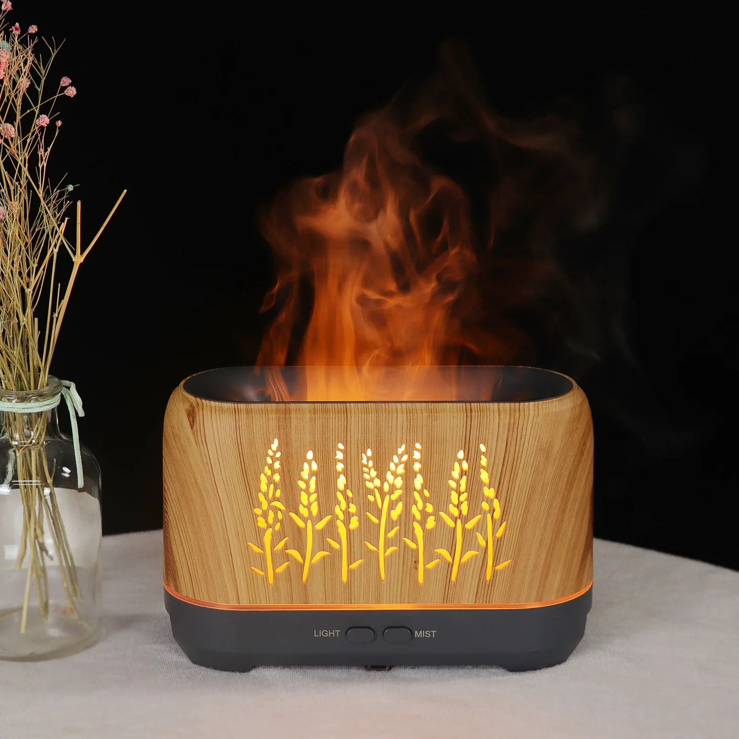 2022 new products 200ml wood grain aroma diffuser hollow flame humidifier household flame small aroma diffuser