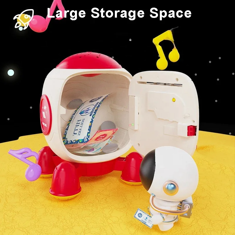 New kids saving money pretend play mini rocket piggy bank toy children fingerprint unlock projection money bank with music story