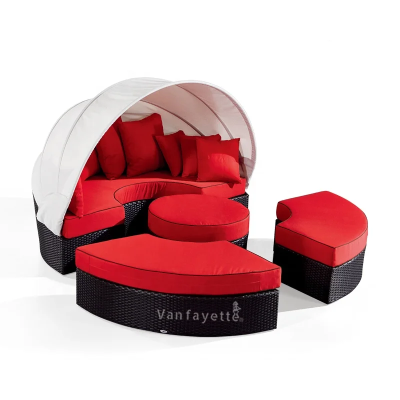 Beach Bed Sunbathing Cushion Round Rattan Canopy Rattan Daybeds for Sale Outdoor Daybed Round Rattan Lounge Bed Canopy Bed