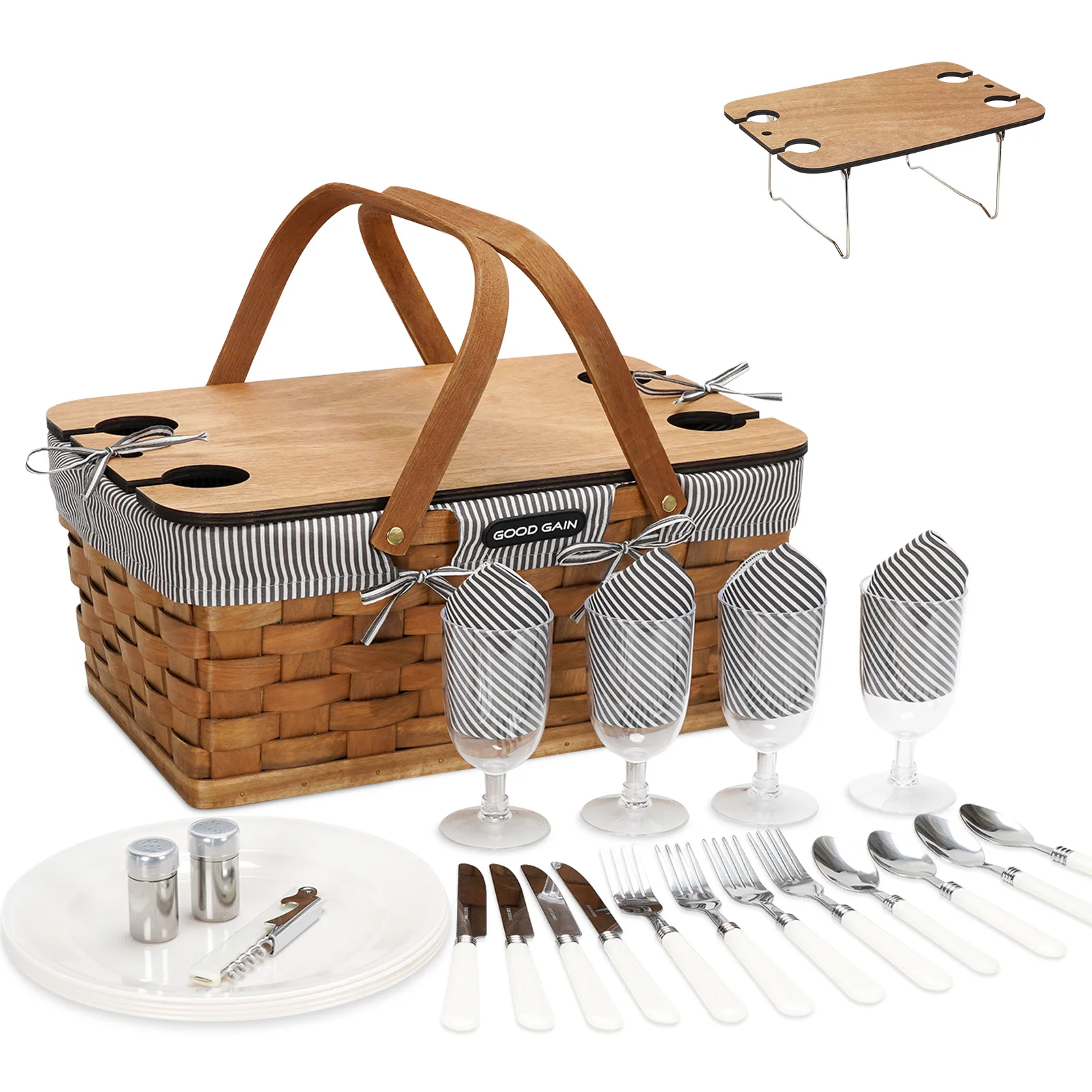 Woodchip Picnic Basket for 4 Persons with Portable Wine Table