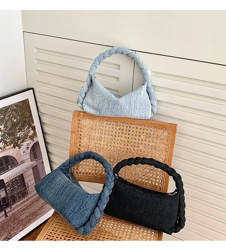 E2918 Newest Women Denim Purse Vintage Jean Purse Woven Top Handle Handbags Lightweight Designer Crossbody Bags with Chain