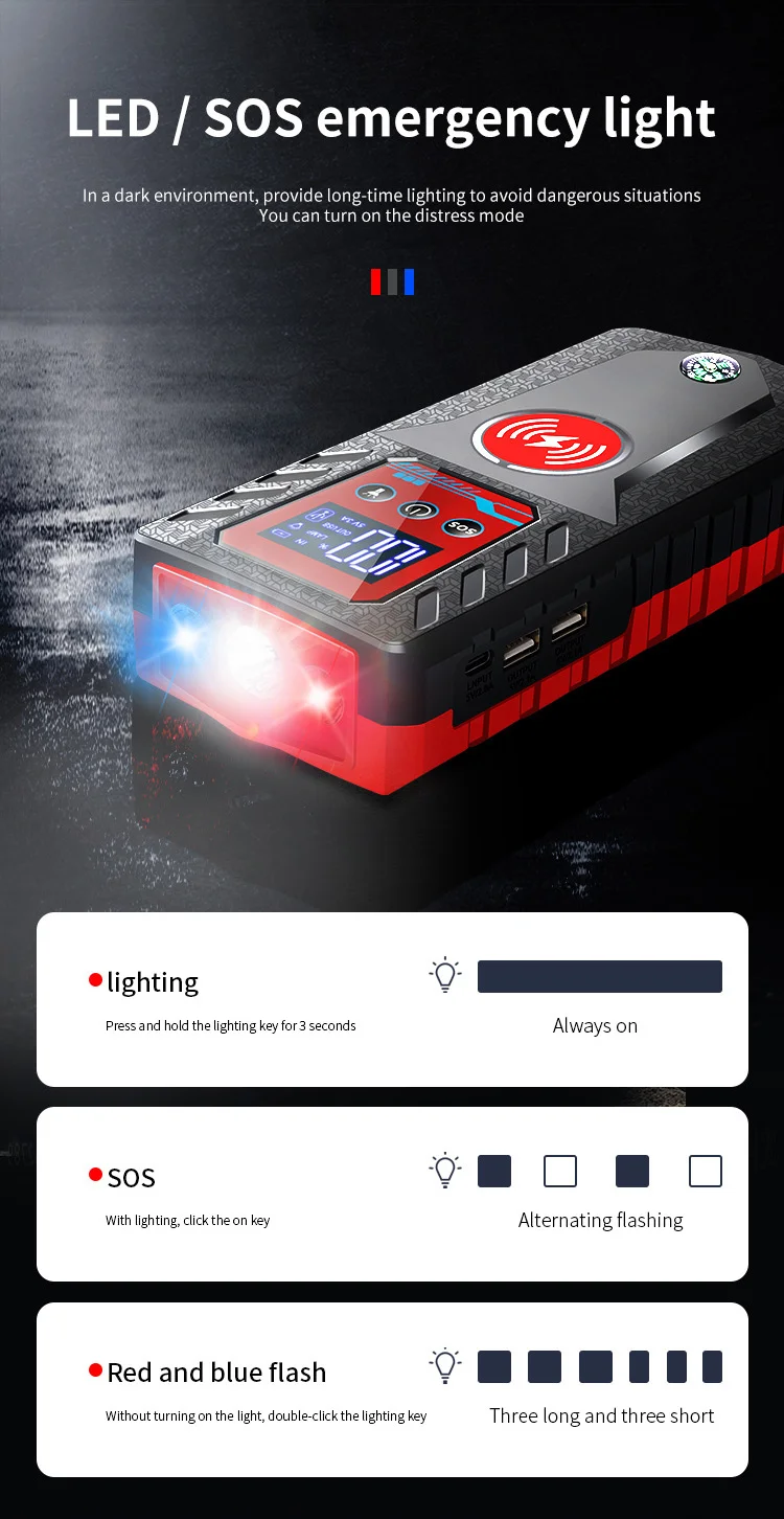 Multifunctional 4-in-1 Jump Starter with Inflator and Wireless Power Bank LED Light Jump Starter with Inflator Ca