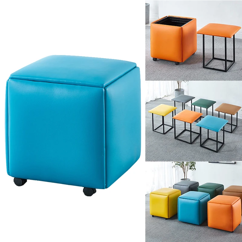 HOMEMORE 5 in 1 organized modern square small telescopic padded velvet leather box ottoman wheel stool for living room