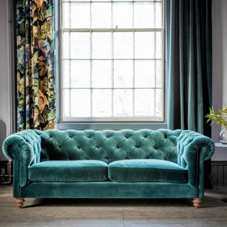 Wholesale Cheap Sky Blue Velvet Button Tufted Chesterfield Sofa Home Furniture 3 Seat Couch Lounge Design modular sofa