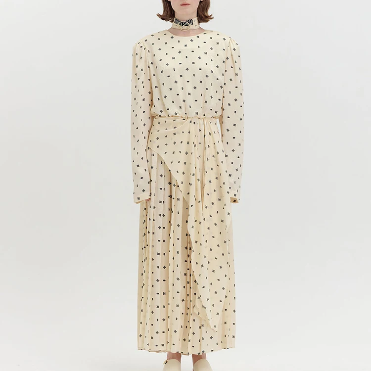 High Quality Custom Elegant Plus Size Woman  Long Sleeve Party Polka Dot  Irregular Hem Casual Maxi Silk Dress