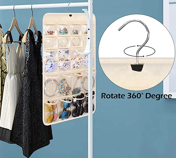 Hanging Jewelry Organizer Sunglasses Holder Hanger with 16 Large Pockets for Earring Necklace Bracelet Closet