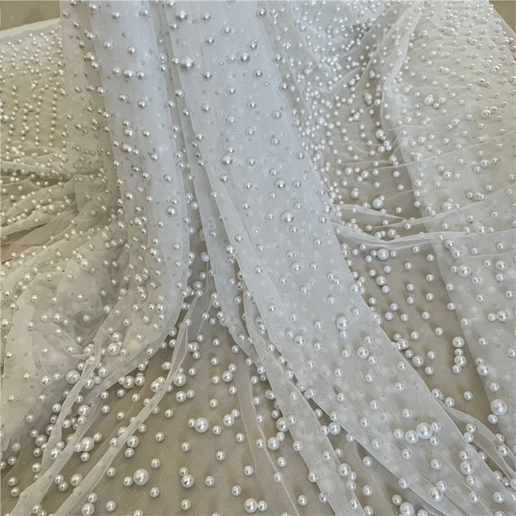 New 2024 handmade heavy beaded pearl fabric mesh tulle for wedding gown for wedding evening dress veil