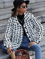 Women Casual Long Sleeve Houndstooth Printing Turndown Collar Coat Ladies Print Lapel Autumn Winter Blazer