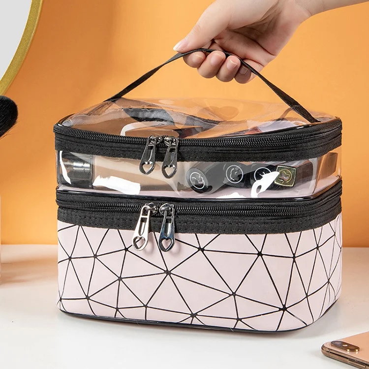 pink clear PVC double layer makeup pouch custom logo transparent wash travel women cosmetic bag