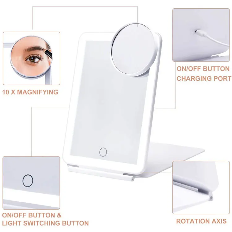 Portable Rechargeable LED Vanity Mirror Thin Touch Screen with 3 Brightness Colors and 10X Magnifying Makeup Compacy Mirror