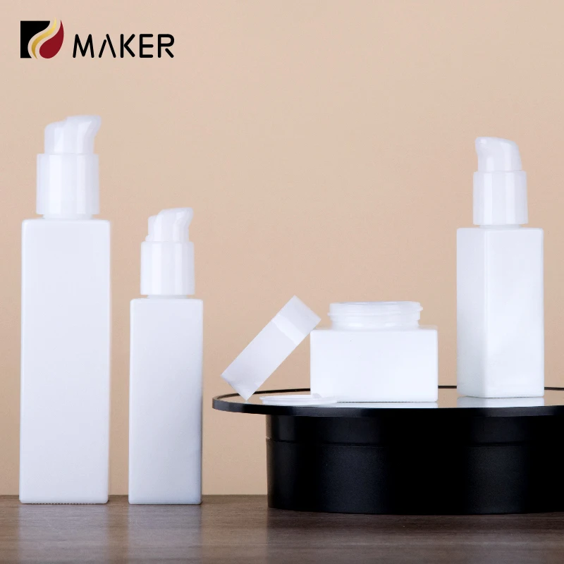 Empty Square White Jade Glass Cosmetic Bottle Set 30ml 50ml 100ml 120ml 50g Cream Jar Emulsion Lotion Bottle With Bamboo Lids