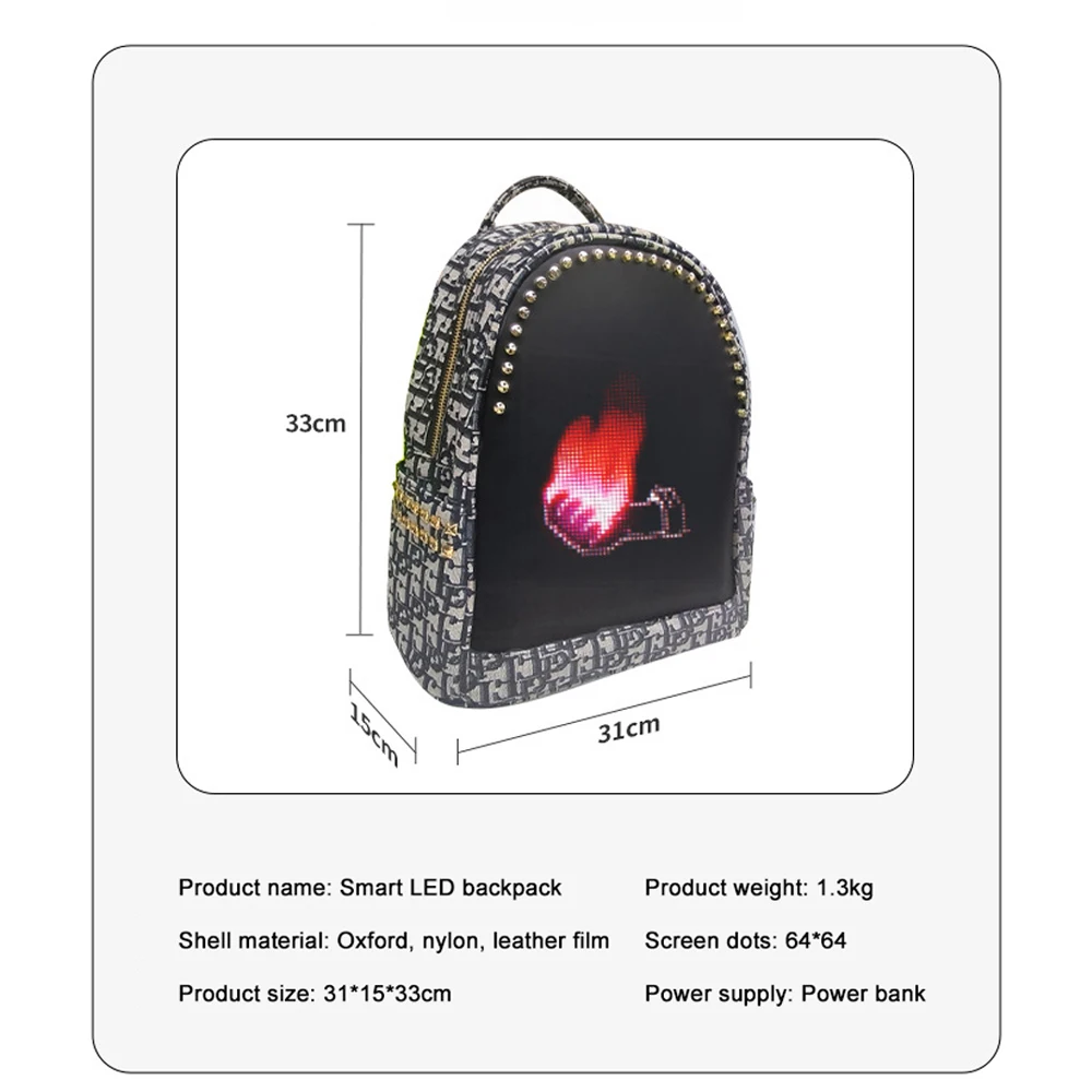 Super Light Weight 13 Inch Waterproof LED Backpack Men Women Children-Programmable School Travel Bag Screen Outdoor Advertising