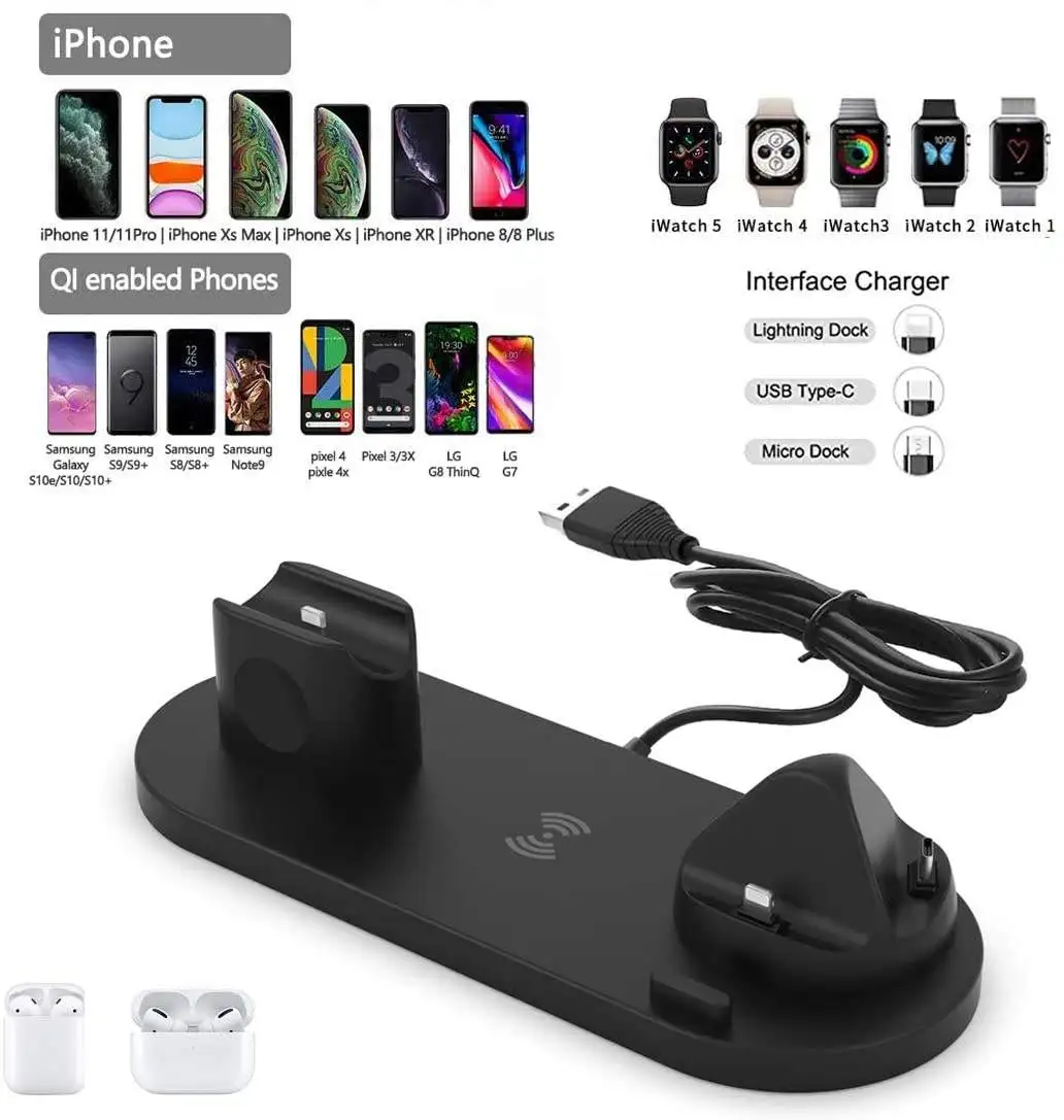 Hot Style Wireless Phone Charger  Charging Station Qi 15w Fast 6 in 1 Wireless Charge For Samsung