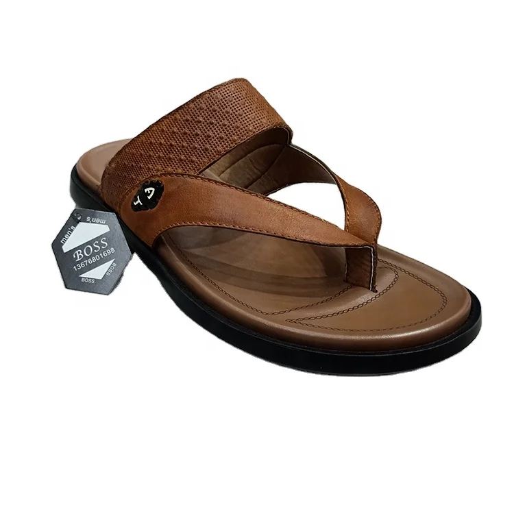 Сандалии мужские из натуральной кожи, маленькие шлепанцы с раздвоенными ногами, украшение с надписью сбоку, уличные тапочки