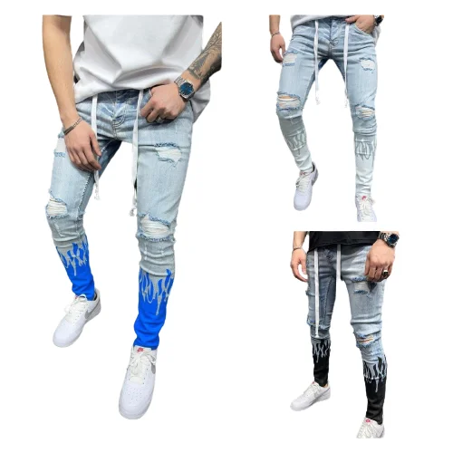 Custom printing Slim jeans feet hole in the flame jogging pants style ripped jeans for men